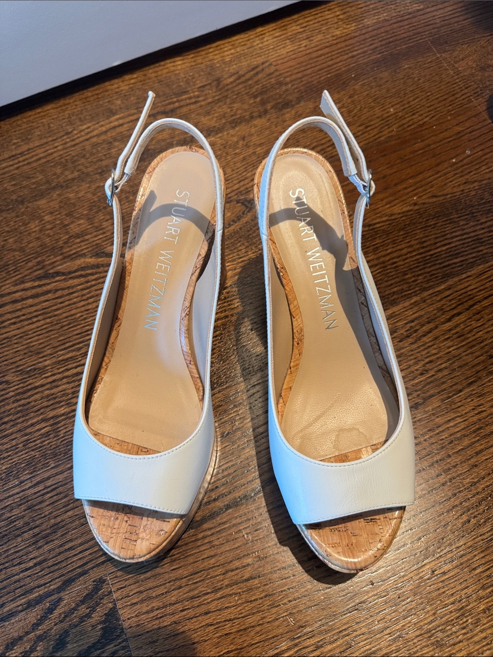 Stuart Weitzman Women's Riveria White Leather Slingback Wedge Sandal – Size 10